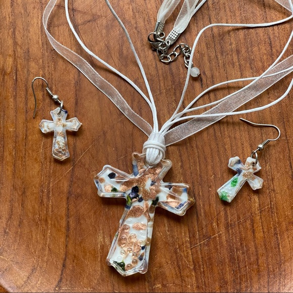 Fused Glass Cross Jewelry Set -Necklace & Earrings - Picture 3 of 12